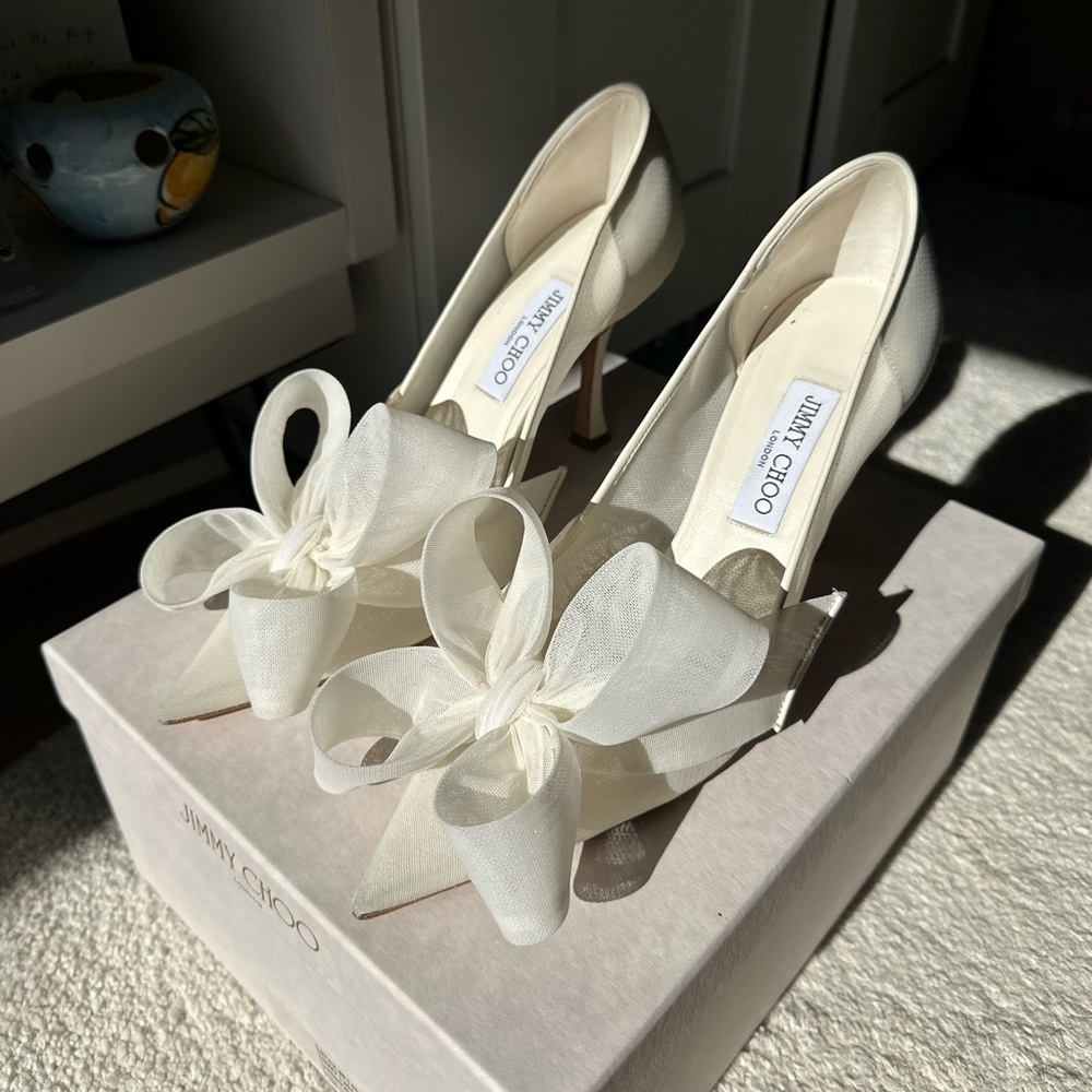 Jimmy Choo Ivory Mesh Bow Heels